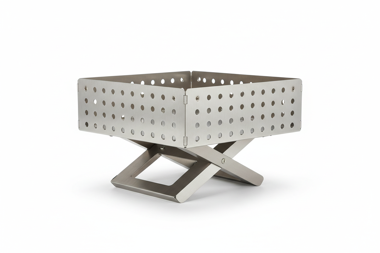 A portable, fold-flat stainless steel fire pit with a modern, minimalist design. The fire pit is made of brushed stainless steel panels that fold together, forming a shallow square bowl with perforated sides for airflow. It sits on a sturdy X-shaped metal base that elevates it off the ground. The panels have evenly spaced round ventilation holes and visible metal fasteners at the corners. The fire pit is shown assembled, centered on a clean white background, photographed at a slight front-angle, with sharp 