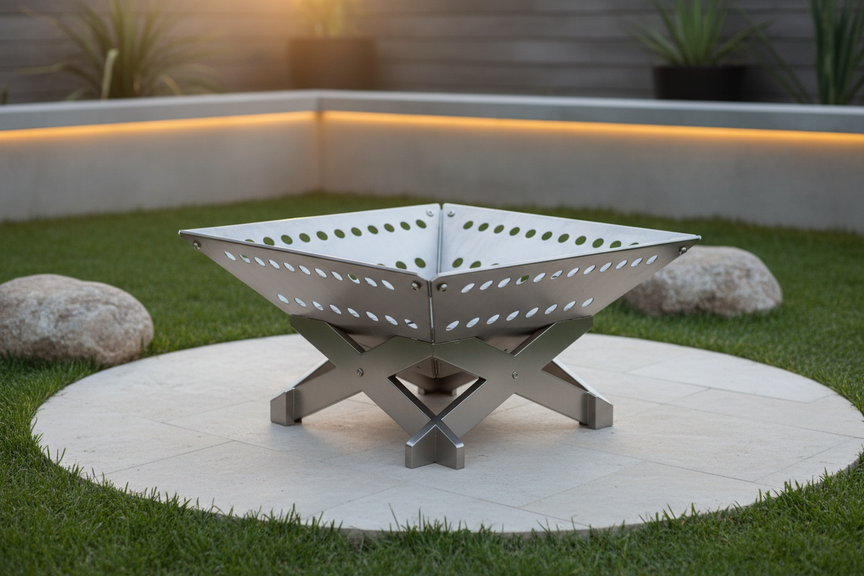 A portable, fold-flat stainless steel fire pit with a modern, minimalist design. The fire pit is made of brushed stainless steel panels that fold together, forming a shallow square bowl with perforated sides for airflow. It sits on a sturdy X-shaped metal base that elevates it off the ground. The panels have evenly spaced round ventilation holes and visible metal fasteners at the corners. The fire pit is shown assembled, centered on a clean backyard/ good place for a fire pit background