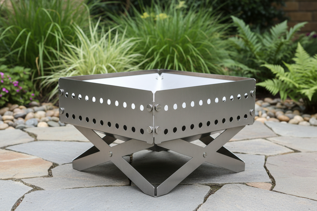 A portable, fold-flat stainless steel fire pit with a modern, minimalist design. The fire pit is made of brushed stainless steel panels that fold together, forming a shallow square bowl with perforated sides for airflow. It sits on a sturdy X-shaped metal base that elevates it off the ground. The panels have evenly spaced round ventilation holes and visible metal fasteners at the corners. The fire pit is shown assembled, centered on a garden background, photographed at a slight front-angle. 